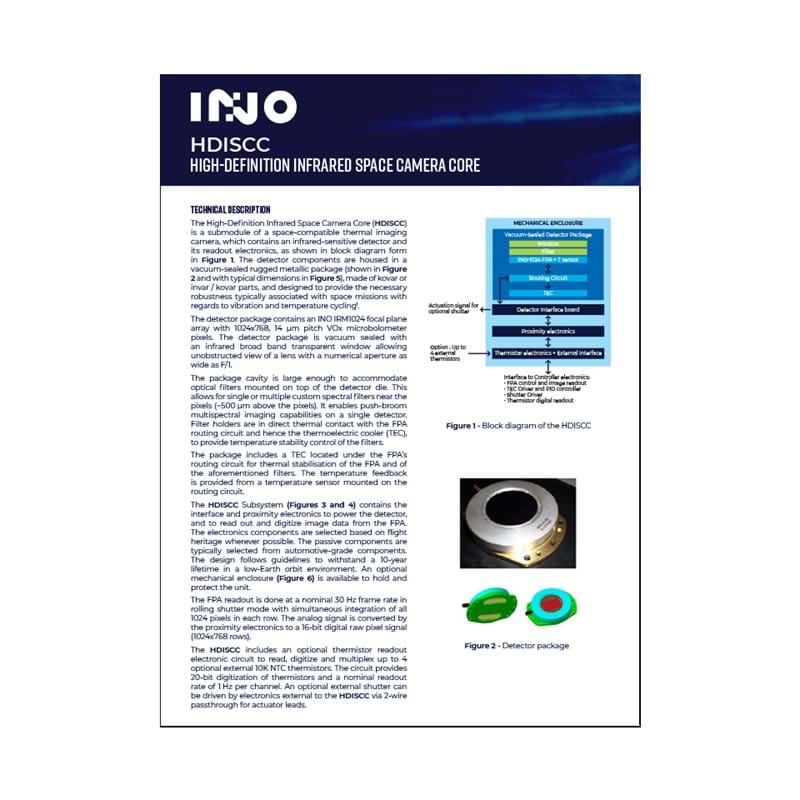 INO Technical Sheet High-Definition Infrared Space Camera Core (HDISCC)